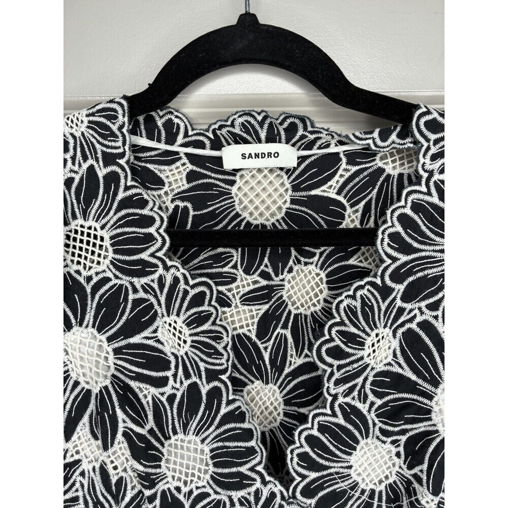 Sandro Audrey Flared Floral Mini Dress Black White Size 40 Short Sleeve V Neck - Picture 4 of 10